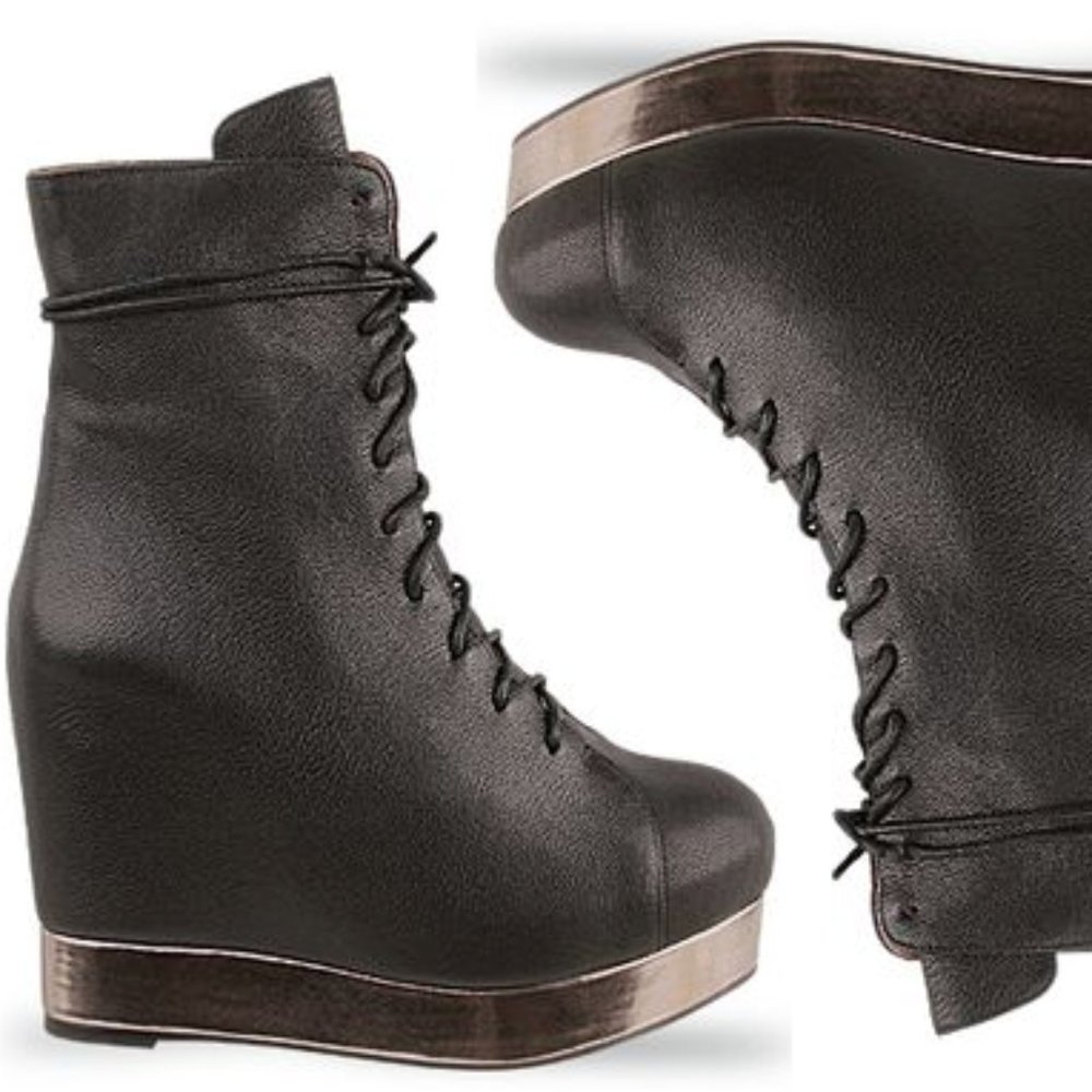 JEFFREY CAMPBELL BACK OFF BLACK LEATHER PLATFORM WEDGE BOOT SZ 8